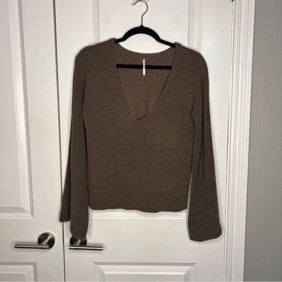 Free People Starman V Pullover Top Sweater Brown Size S Ribbed Wool blend - Picture 4 of 8